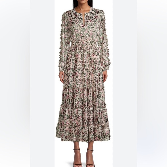 ELIE TAHARI Abstract Floral Tiered Maxi Dress Medium Pink Green Long Sleeve Glam - Picture 11 of 15